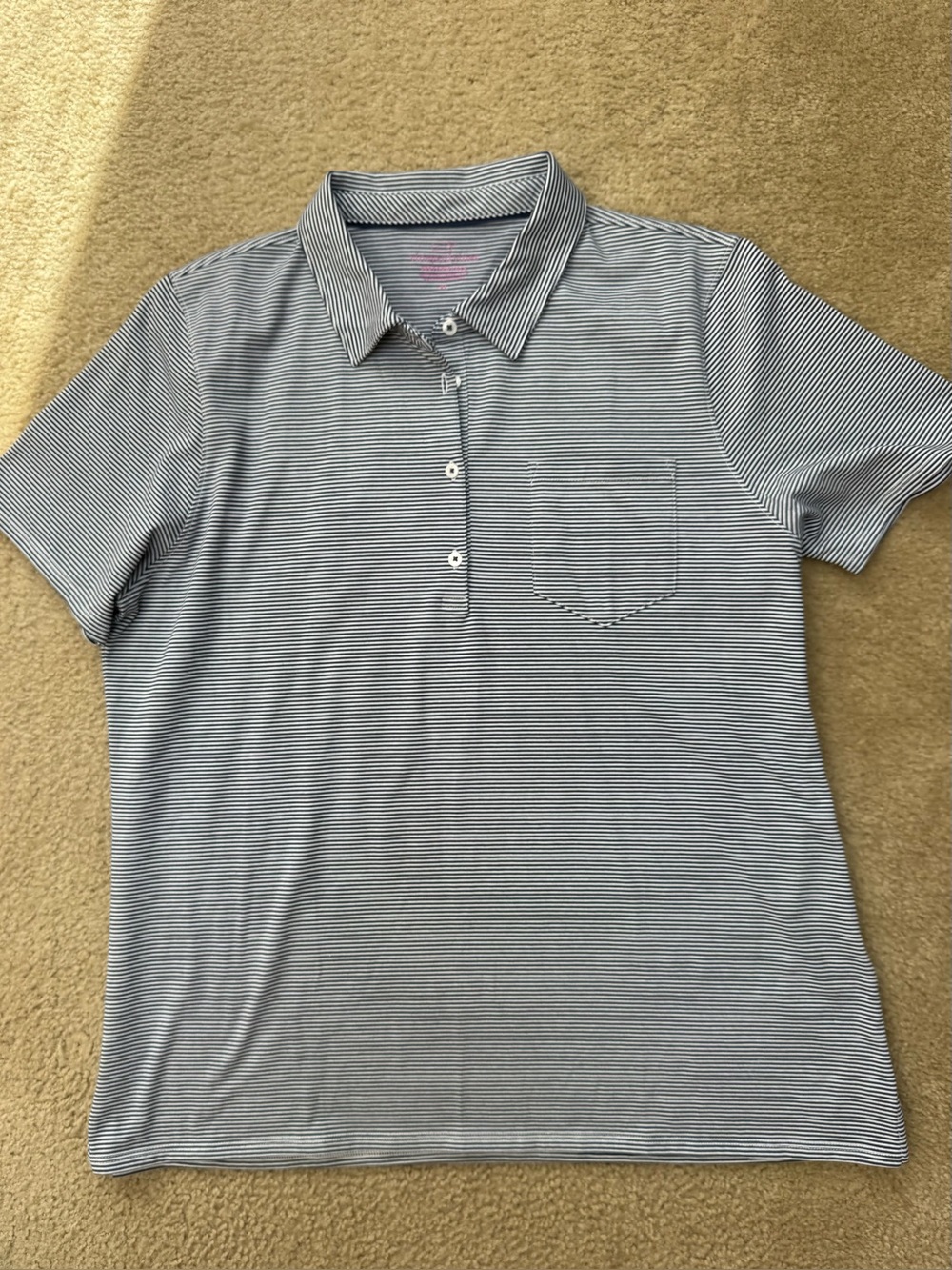 Vineyard Vines Navy and White Striped Shirt with Pink Logo